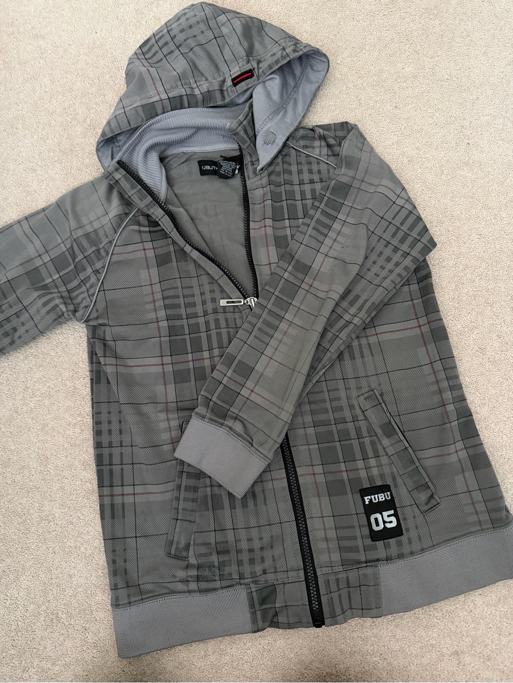 FUBU Gray Plaid Hooded Zip Sweatshirt